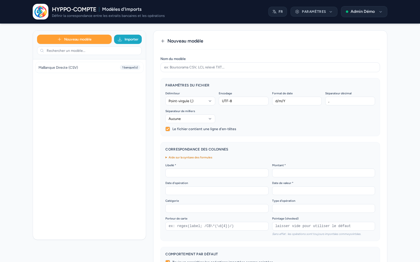 Page Modèles d'import
