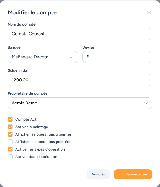 Fenêtre de modification d'un compte