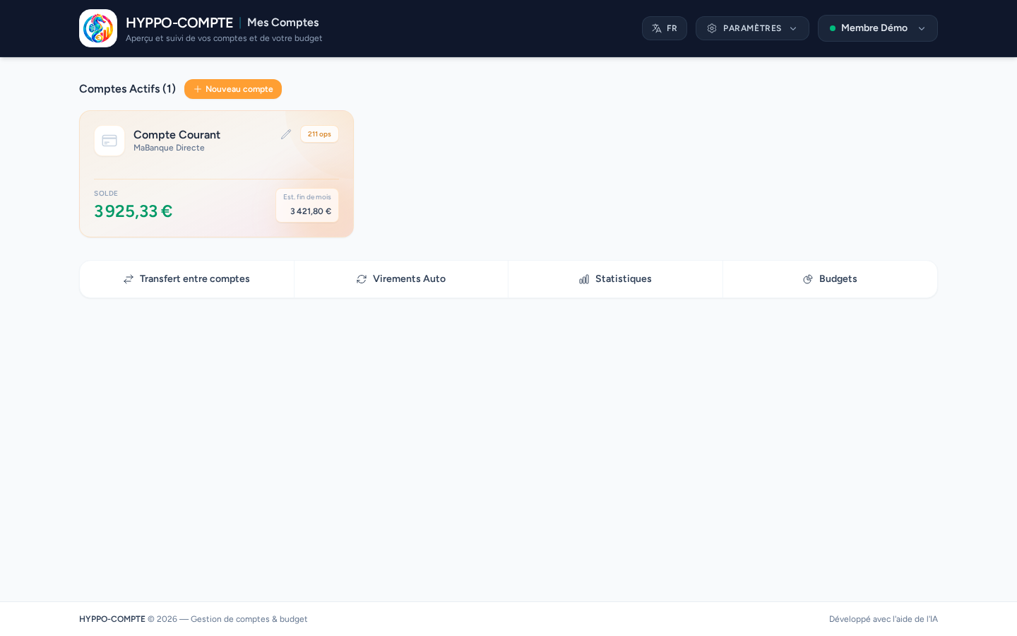 Tableau de bord d'un utilisateur avec un compte partagé