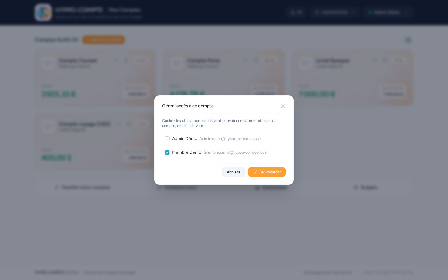Fenêtre de partage d'un compte