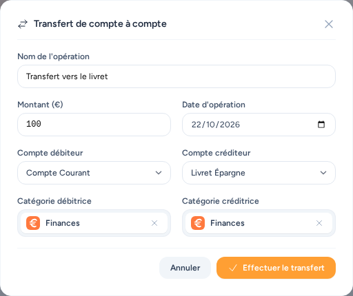 Fenêtre de transfert entre comptes